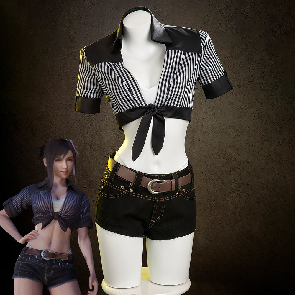 FF VII Tifa Lockhart Women Black Striped Sunscreen Outfit Cosplay Costume