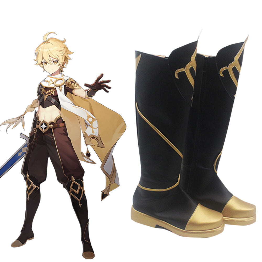 Genshin Impact Male Traveler Outlander Aether Zapatos negros Botas de cosplay