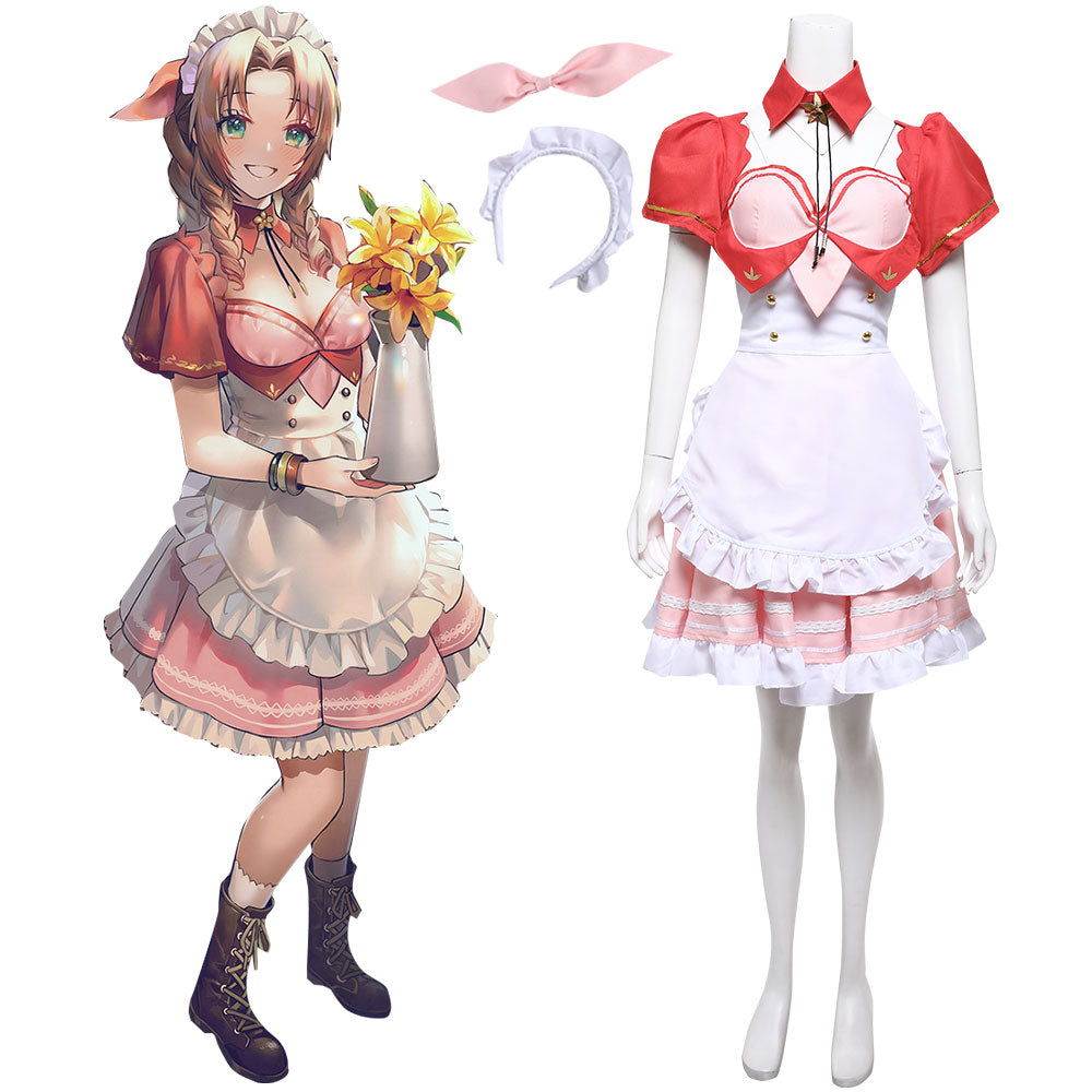 Final Fantasy VII Remake FF7R Aerith Gainsborough Pink Maid Cosplay Co – Gcosplay