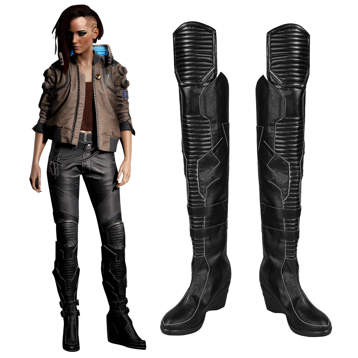 Cyberpunk 2077 V Female Black Long Shoes Cosplay Boots
