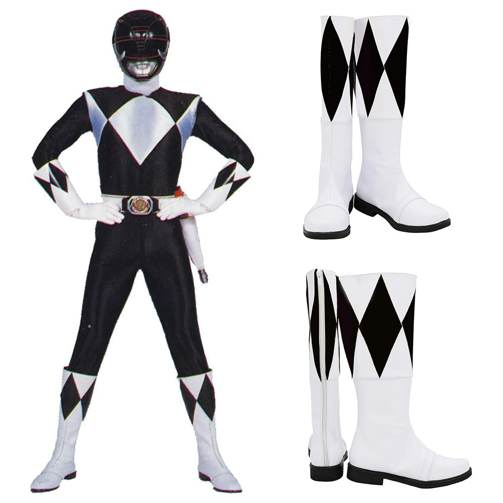 Mighty Morphin Power Rangers Black Ranger Black White Shoes Cosplay Boots
