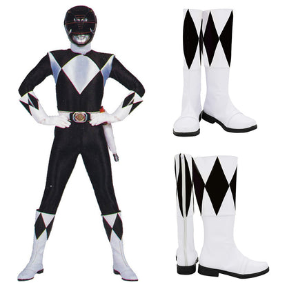 Mighty Morphin Power Rangers Black Ranger Black White Shoes Cosplay Boots