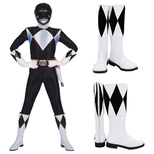Mighty Morphin Power Rangers Black Ranger Black White Shoes Cosplay Boots