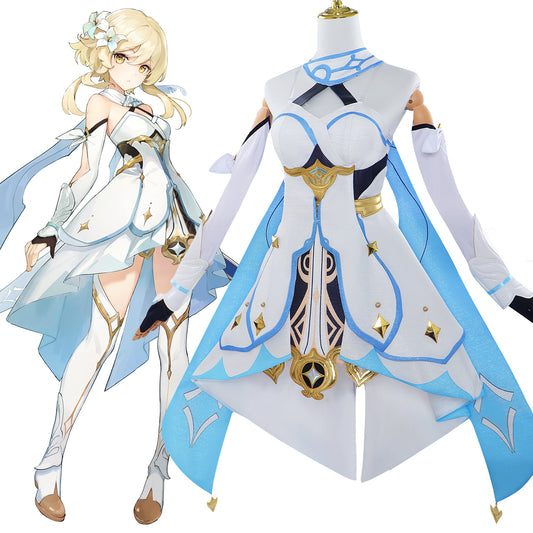 Genshin Impact Player Female Traveler Lumine Blue White Edition Cosplay Costume