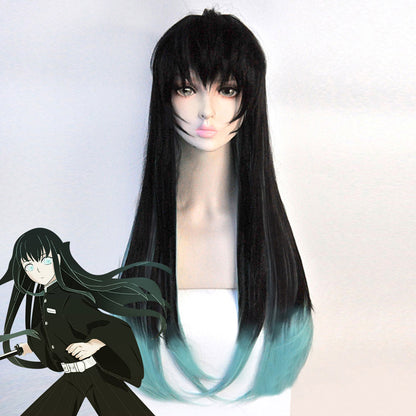 Demon Slayer: Kimetsu No Yaiba Tokitou Muichirou Muichiro Tokito negro verde Cosplay peluca