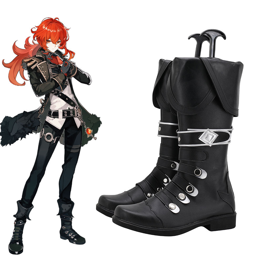 Genshin Impact Diluc Black Shoes Cosplay Boots